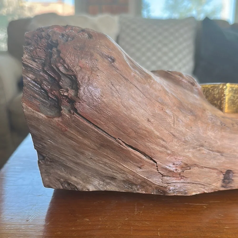 Rustic Driftwood Wood Candle Holder with Gold Glass Votive Cups, Nature Decor